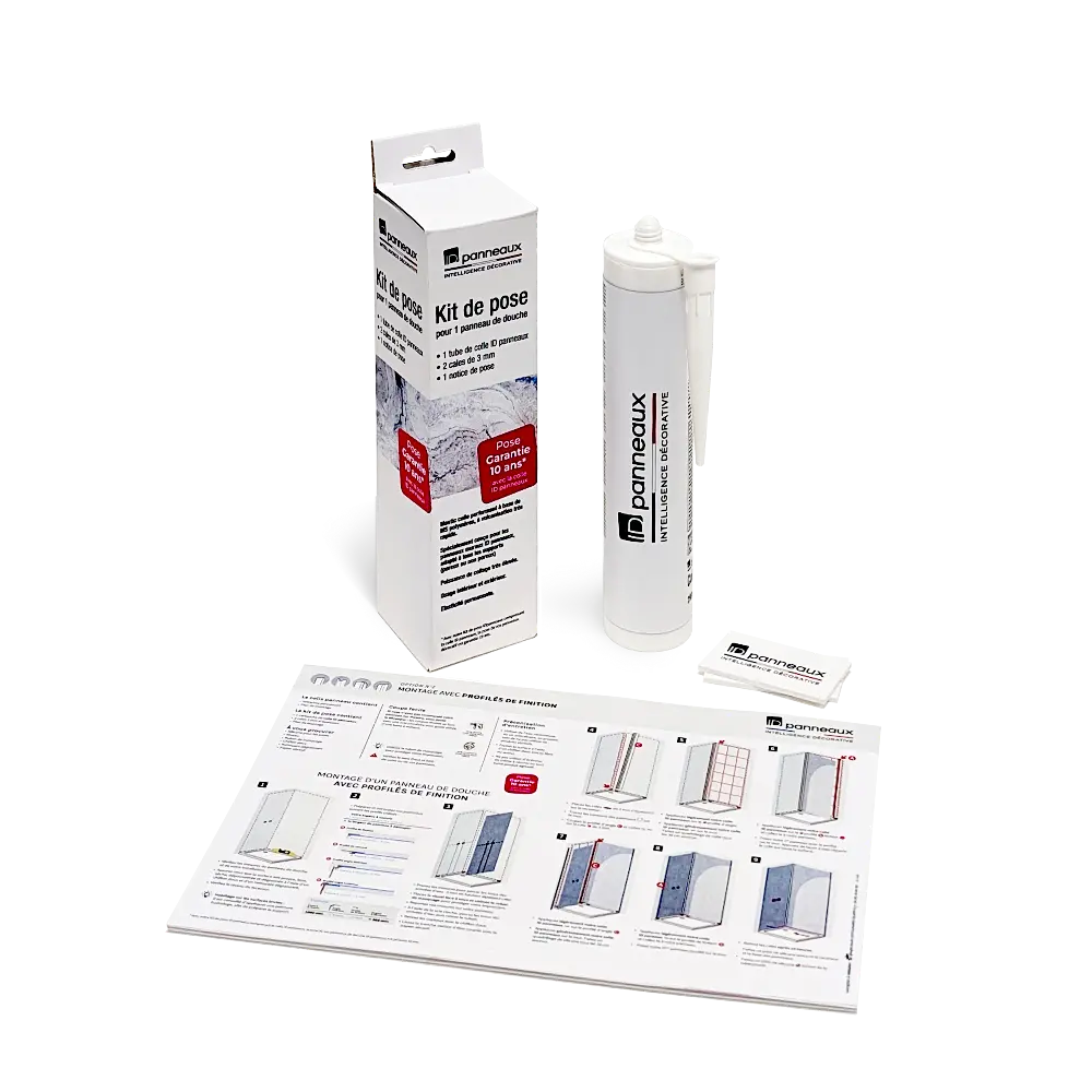 Kit de pose complet ID Panneaux comprenant cartouche de colle mastic haute performance, cales de pose et notice de montage détaillée.