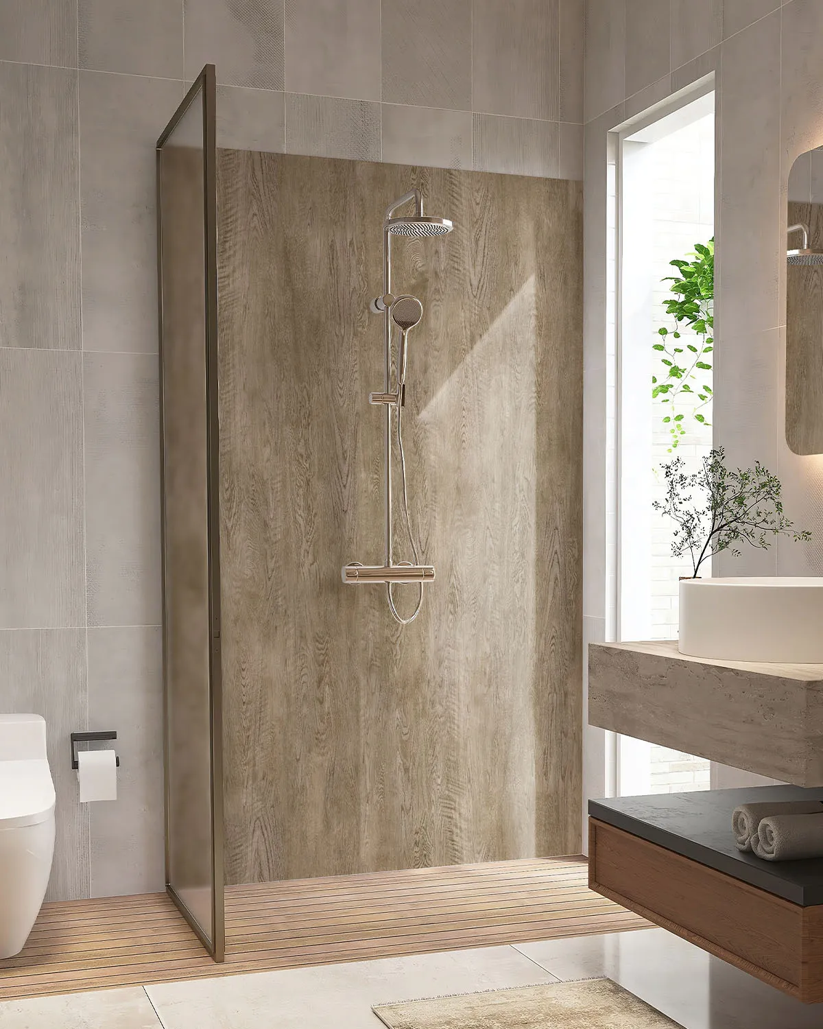 Panneau mural décoratif "Bright Hardwood", étanche et sans joints pour douche, signé ID Panneaux