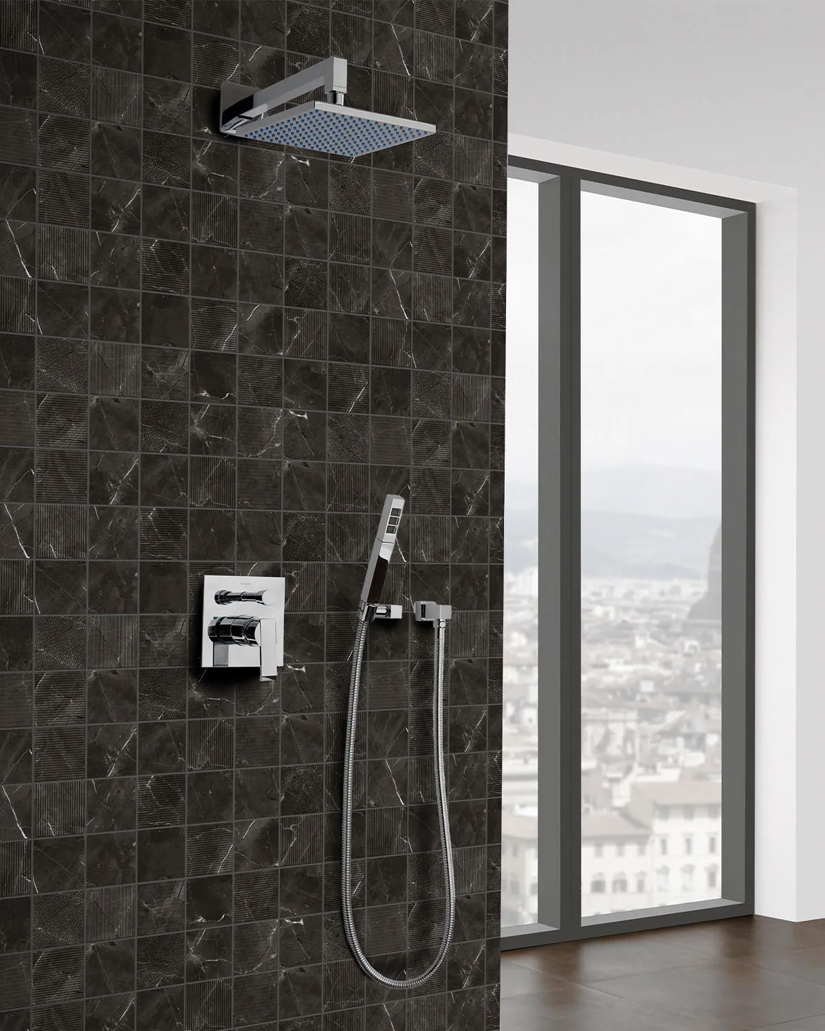 Panneau mural décoratif "Marbre Noir Carré", étanche et sans joints pour douche, signé ID Panneaux