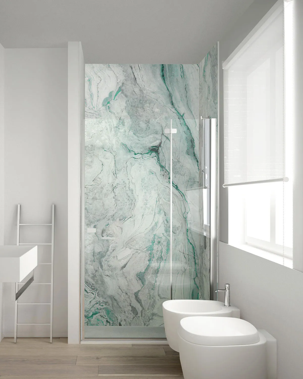 Panneau mural décoratif "Marbre Vert d'Eau", étanche et sans joints pour douche, signé ID Panneaux